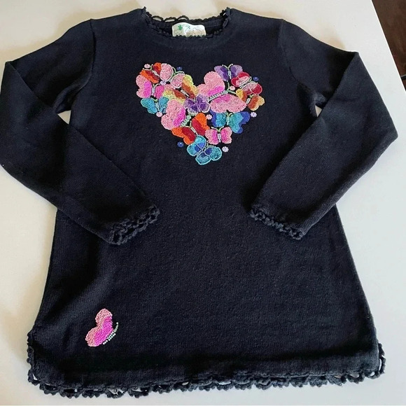 Quacker Factory XS Black Heart Tunic Sweater Ramie And Cotton Beaded Butterflys - Picture 2 of 15